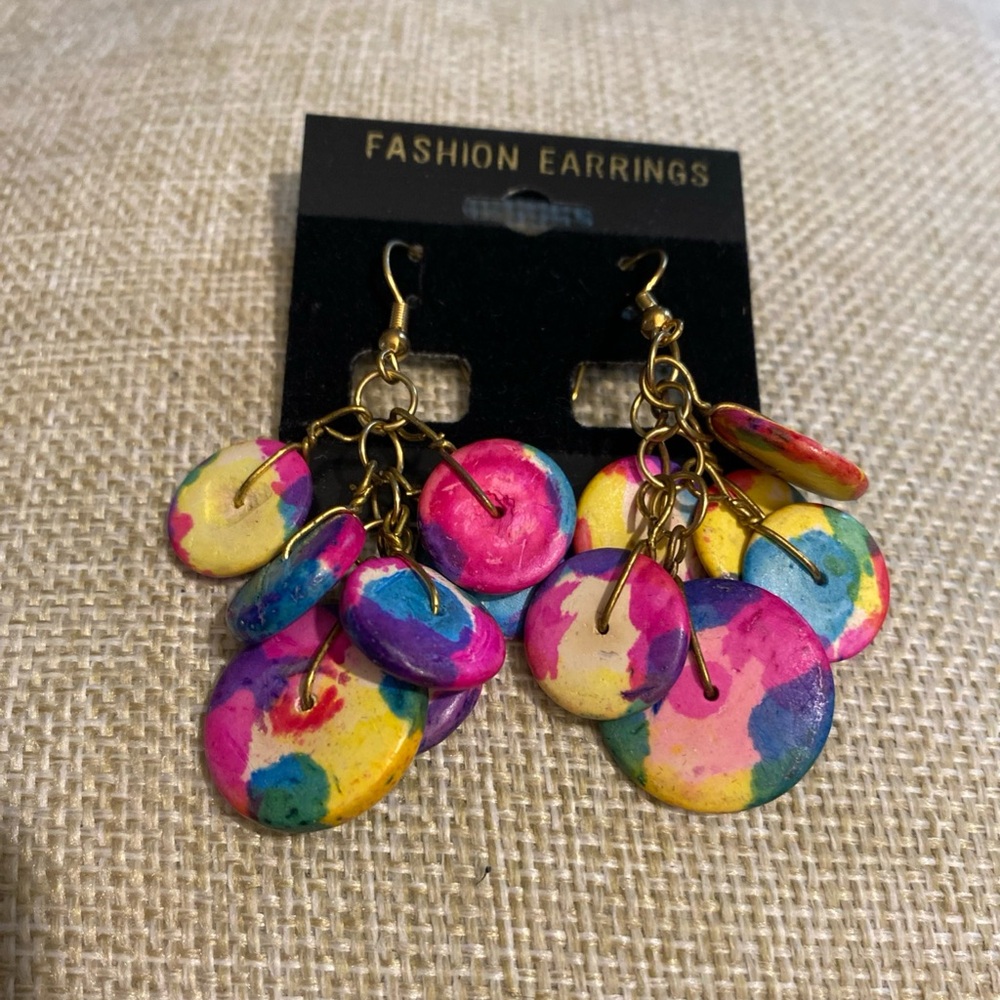 Colorful Wooden Dangle Earrings Boho Artsy Summer Jewelry Gold Art To Wear